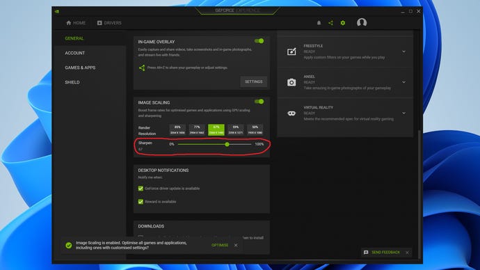 A screenshot of Nvidia GeForce Experience with the Image Scaling sharpening slider highlighted.