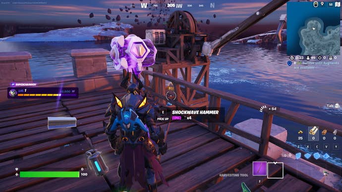 Fortnite Shockwave Hammer: An animated man in black pointy armor looks at a large purple hammer. Both are standing on a wooden platform overlooking a large lake