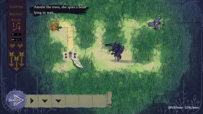 A warrior moves through a forest with a wolf waiting to pounce in Howl