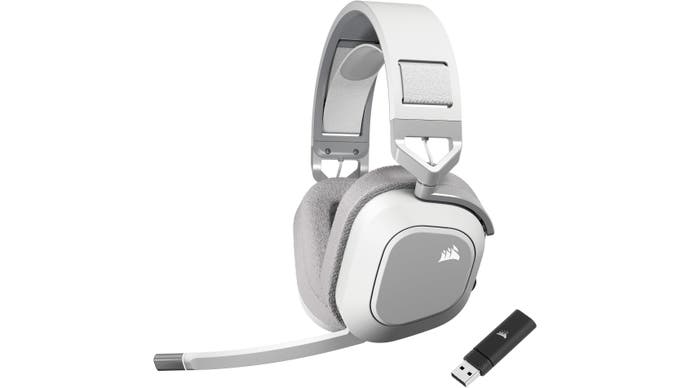 corsair hs80 max gaming headset, shown with a 2.4GHz USB dongle in white