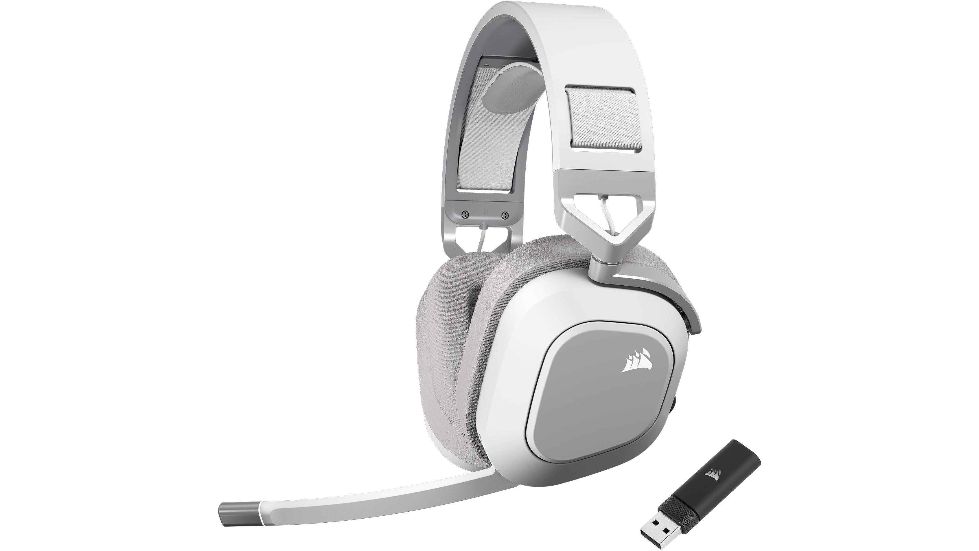 Auriculares para juegos corsair hs80 max, mostrados con un dongle USB de 2,4 GHz en blanco