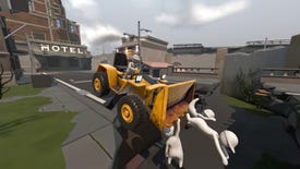 A humanoid uses a JCB to push three other people into a pit in Human Fall Flat 2