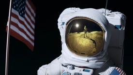An astronaut on the Moon with a USA flag stares at another astronaut holding a Brazillian flag.
