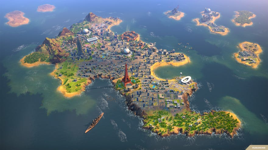 A Humankind screenshot high in the sky over a heavily urbanised island.