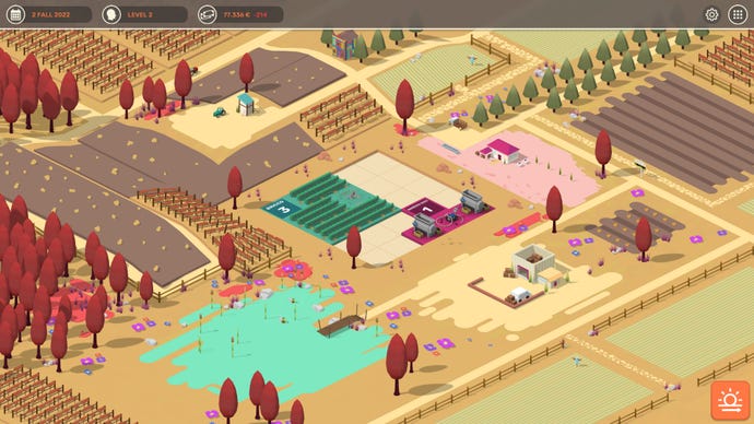 An isometric view of a colourful vineyard in Hundred Days: Winemaking Simulator