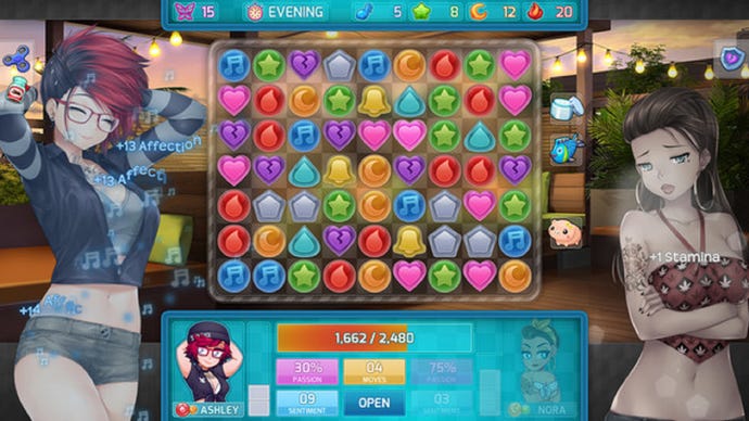 Two women stand either side of a jewel-filled match-three puzzle board in HuniePop 2