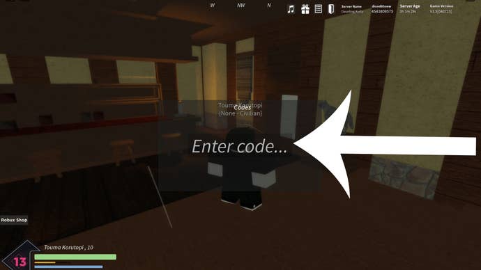 Arrow pointing at the codes screen in Roblox game Hunter X Unleashed.