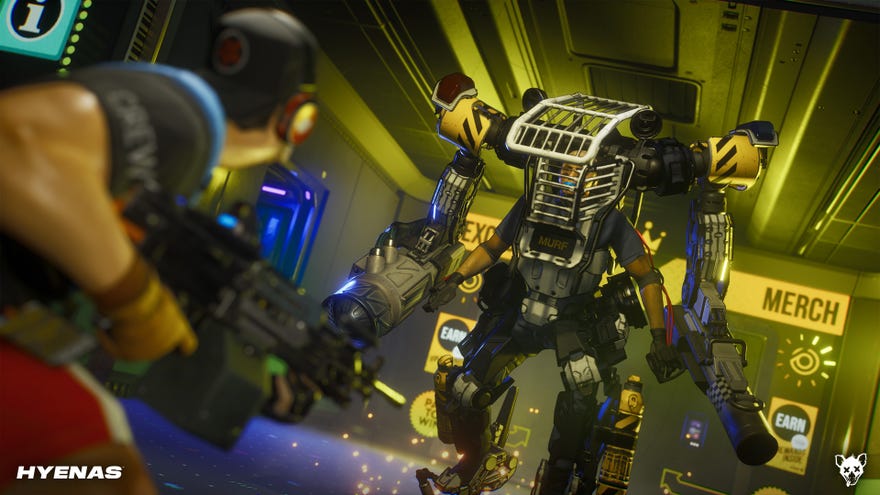 A character aims at a big mech suit with a bunch of guns strapped to it in multiplayer arena shooter Hyenas