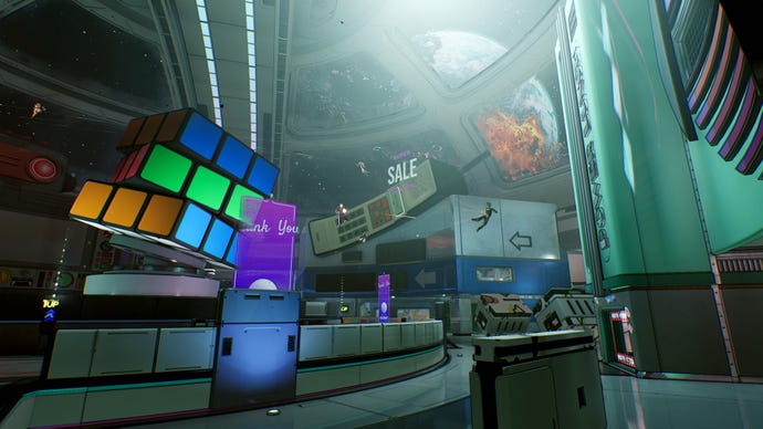 A player flies through a zero-gravity arena in Hyenas.