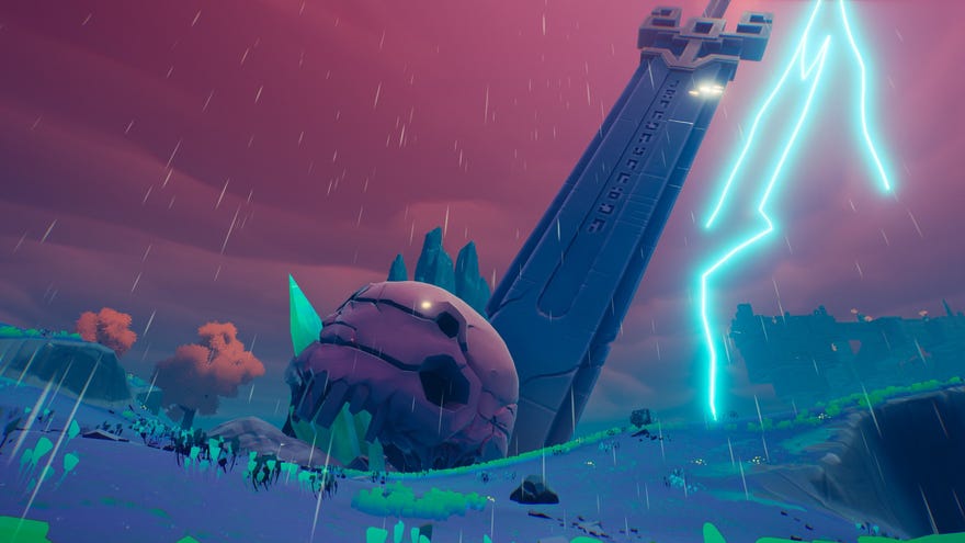 A colossal skull on a hillside next to an even larger sword in a Hyper Light Breaker screenshot.