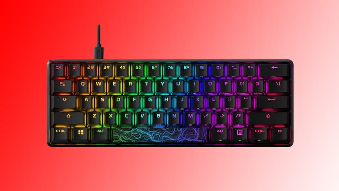 Image of a HyperX Alloy Origins 60 keyboard on a red to white gradient background.