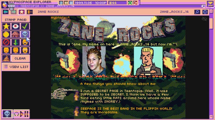 A 90s era web page about Zane Rocks from Hypnospace Outlaw