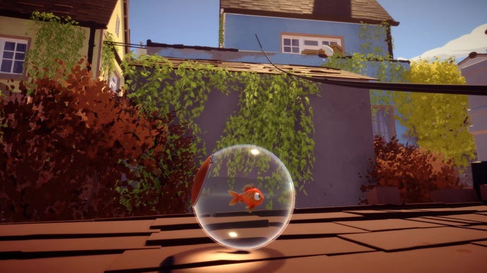 A goldfish in a bowl looks at a chunk of bread in I Am Fish.