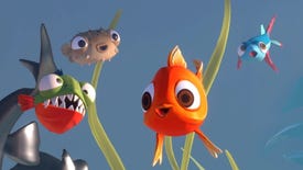 A goldfish, piranha, puffer fish, and flying fish from I Am Fish smile at the camera.