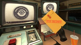 I Expect You To Die 2 - A player's hand in VR holds a manilla envelope labeled "Top secret" while sitting at a desk with CRT screens that say "Enhanced Operatives Division"