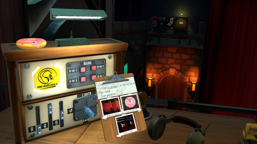 I Expect You To Die 2 - In first person, the player looks at a clipboard of tasks relating to a stage play while standing beside a control unit with lots of buttons and knobs.