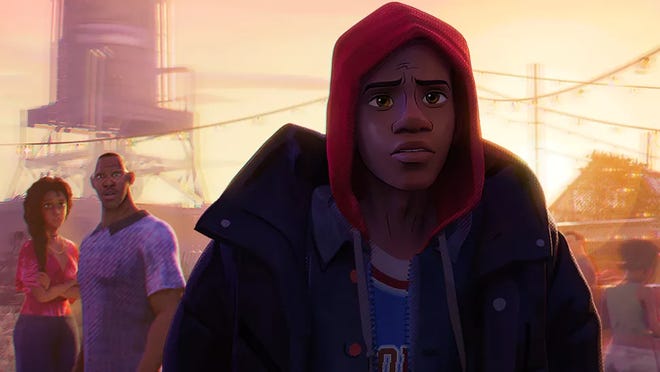 Miles Morales walking away with his hood up as his parents watch
