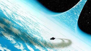 A section from the cover of Consider Phlebas, by Iain Banks, showing a spacecraft approaching the bright surface of a ring planet.