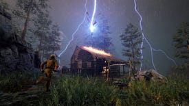 Icarus - a player in a yellow space suit runs towards a log cabin that's being strike by lightning during a storm in a forest.
