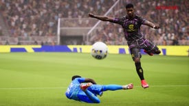 Two footballers dive and jump for the ball in Konami's eFootball