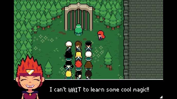 A screenshot of a group 2D pixelart scene in Ikenfell, as a group of students regard a barred gate that will lead to the magical school Ikenfell
