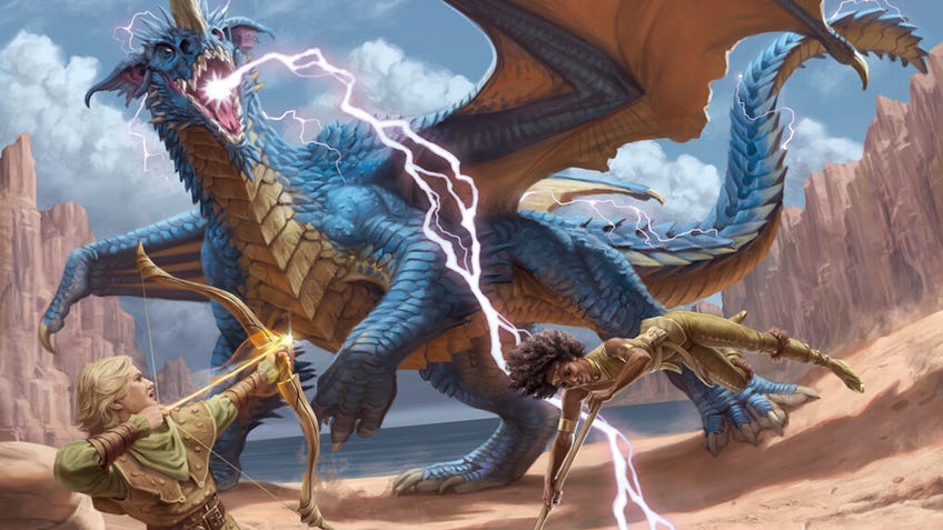 Cover art for Dungeons & Dragons' starter set Dragons of Stormwreck Isle. An archer aims a shot at a blue dragon, whose breath crackles with lightning. Another hero deftly leaps over the magical breath.