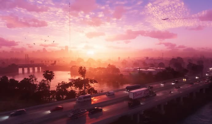 GTA 6 trailer opening shot of Vice City sky line