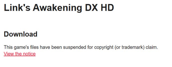 تعرض رسالة Link's Awakening DX HD مطالبة حقوق الطبع والنشر من Nintendo