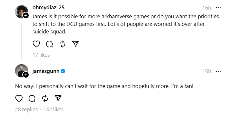 James Gunn's reply regarding the future of the Arkham Universe on Threads