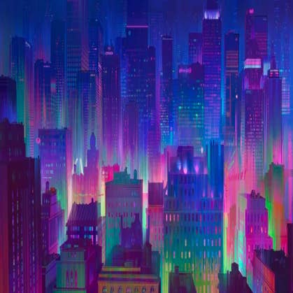 A blue and purple watercolor landscape of New York skyscrapers with pink, green, and purple lights rising from between the buildings.