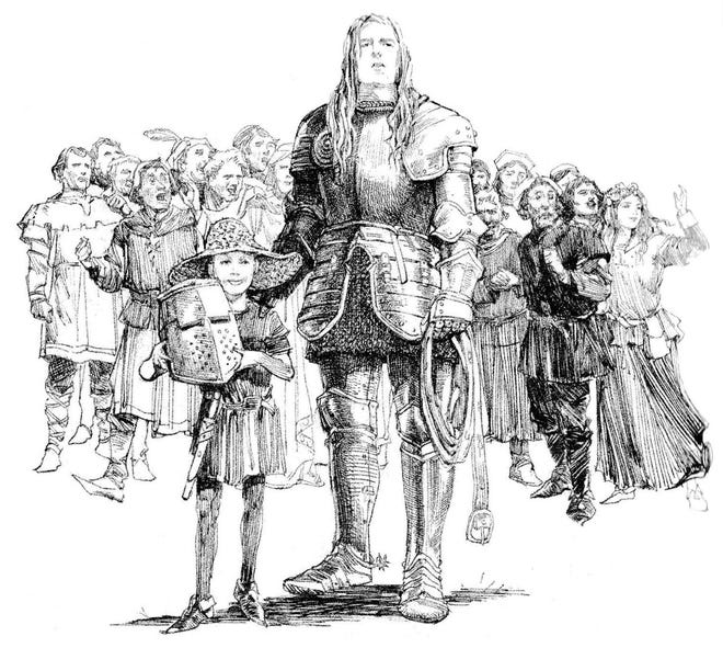Illustration featuring a tall knight and a small boy