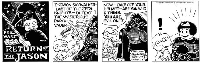 Four panel black and white comic strip featuring Darth Vader, and Nancy