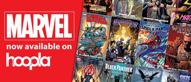 Advertisement that reads Marvel now available on hoopla in white text on red background. Next to the text, we see a collection of covers of Marvel Comics at an angle.