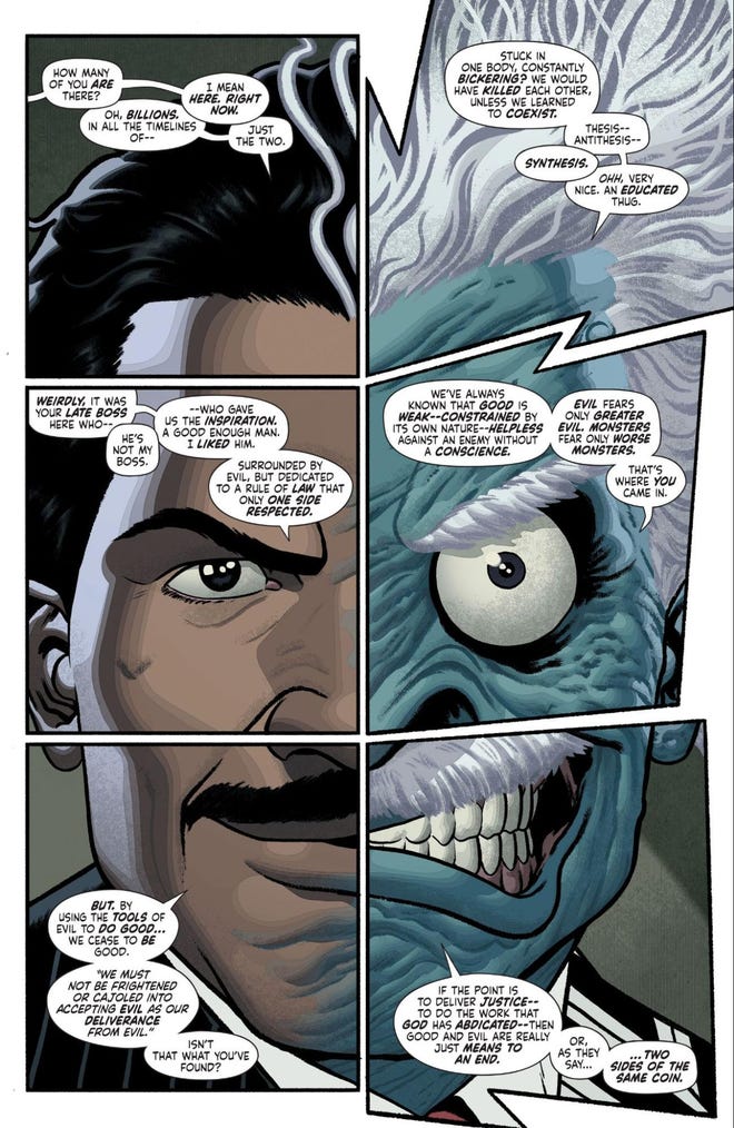 Interior panel page featuring Harvey Dent's face split in two with two different types of dialogue