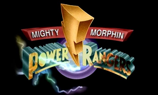 Title card for Mighty Morphin Power Rangers with a large lightning bolt