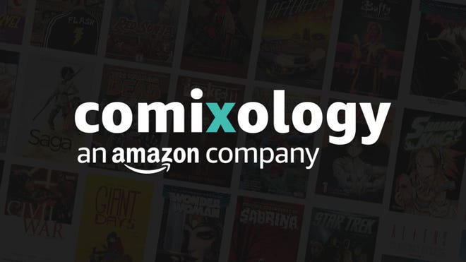 Grey toned panel featuring comics cover. Overlaid is white and green text that reads "comixology: an amazon company"