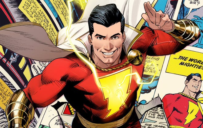 Cropped image of Shazam smiling and reaching out