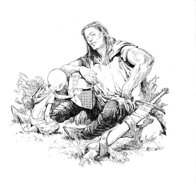 An illustration of a knight speaking to a small child