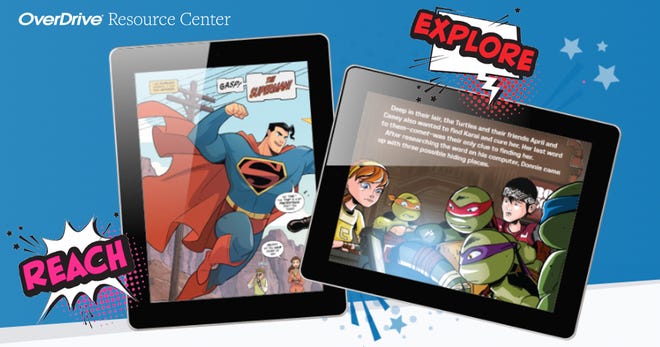 Iklan Latar Belakang Biru dan Putih, menampilkan dua tablet dengan karakter buku komik Superman dan Teenage Mutant Ninja Turtles. Keluar dari tablet, kita melihat dua balon dunia yang bertuliskan