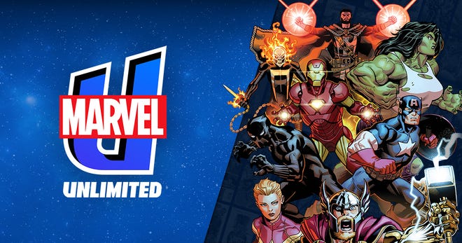 Banner illustrativo che legge Marvel U Unlimited, con personaggi come She-Hulk, Iron Man e Captain Marvel