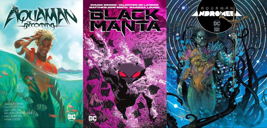 Three comics covers Aquaman, Black Manta, and Andromeda next to each other