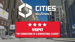 A screenshot of Cities Skyline 2, with a 4-star rating and the quote "the foundations of a generational classic" over the top.