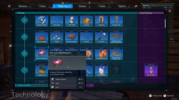 Рецепт верстака Pal Gear показан в меню дерева технологий в Palworld.