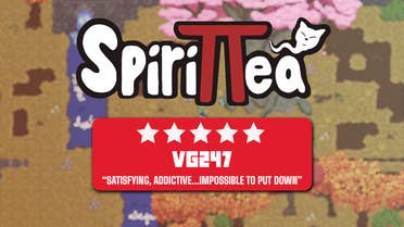 A town is showing during the fall season with the Spirittea logo and VG247's review score over it