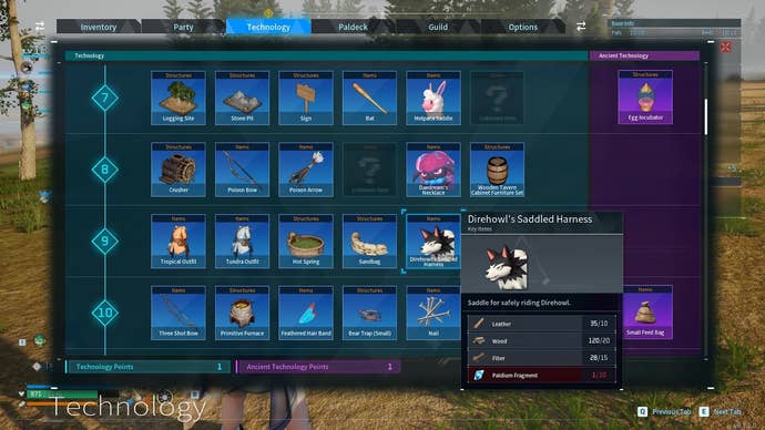 Рецепт седла Лютовоя показан в меню Дерева технологий в Palworld.