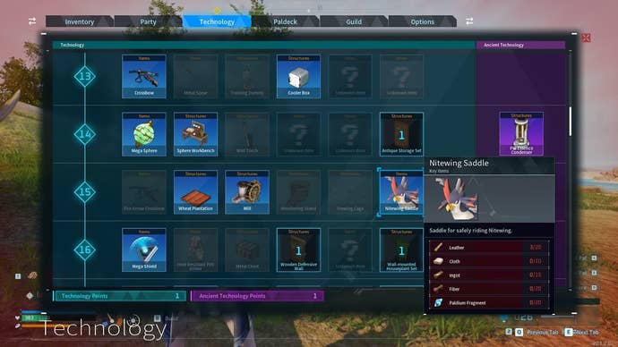 Рецепт седла Найтвинга показан в меню Дерева технологий в Palworld.