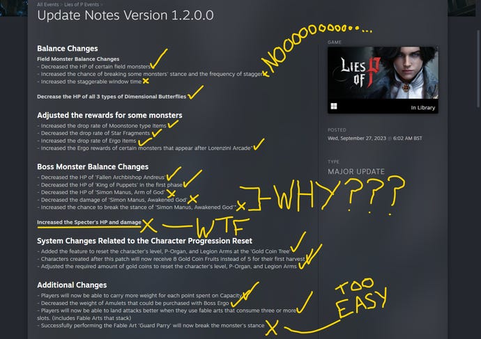 RPS guides editor Ollie's MS Paint scribbled response to a Lies of P update that makes the game easier.