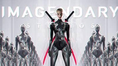 A bald woman with a silvery liquid metal body and two red swords crossed behind her back stands in front of many rows of identical liquid metal people, but they also have featureless liquid metal heads and no swords. It says "Imagendary Studios" in the sky behind them.