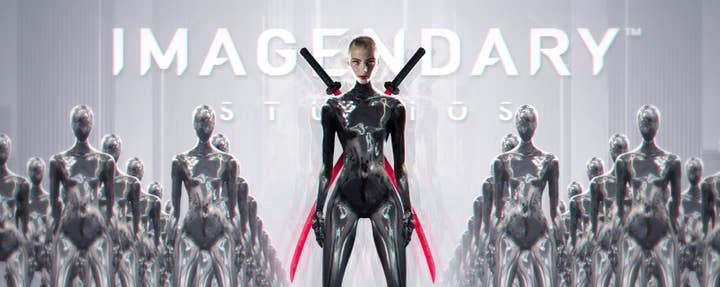 A bald woman with a silvery liquid metal body and two red swords crossed behind her back stands in front of many rows of identical liquid metal people, but they also have featureless liquid metal heads and no swords. It says "Imagendary Studios" in the sky behind them.