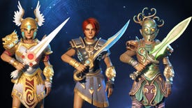 Three different possible armour sets for Fenyx shown side by side in Immortals Fenyx Rising.